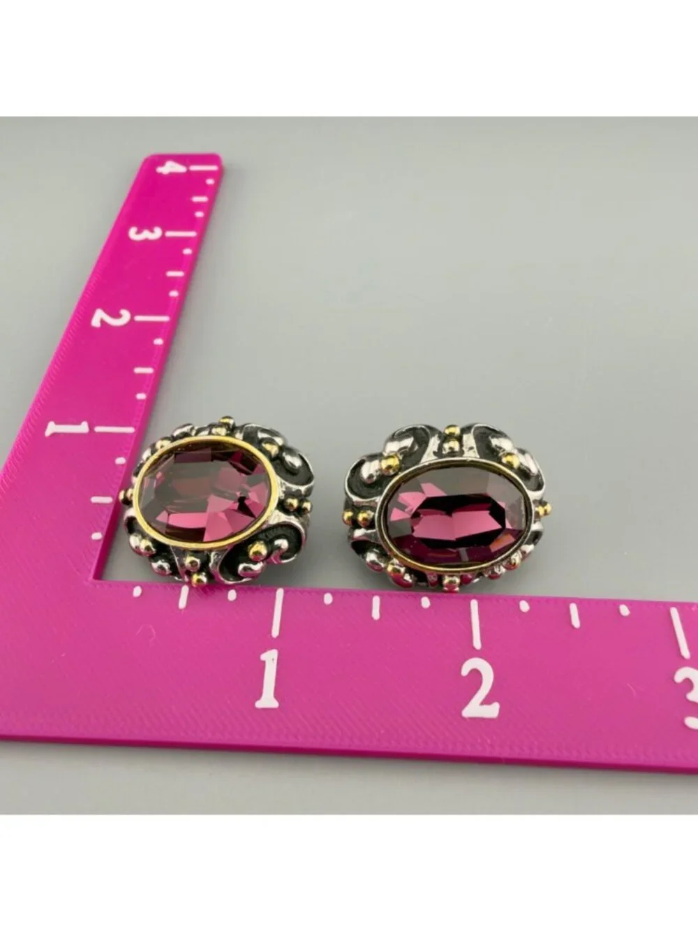 Vintage Clip On Earrings Rhinestone Two Tone Chunky Statement Purple Glass